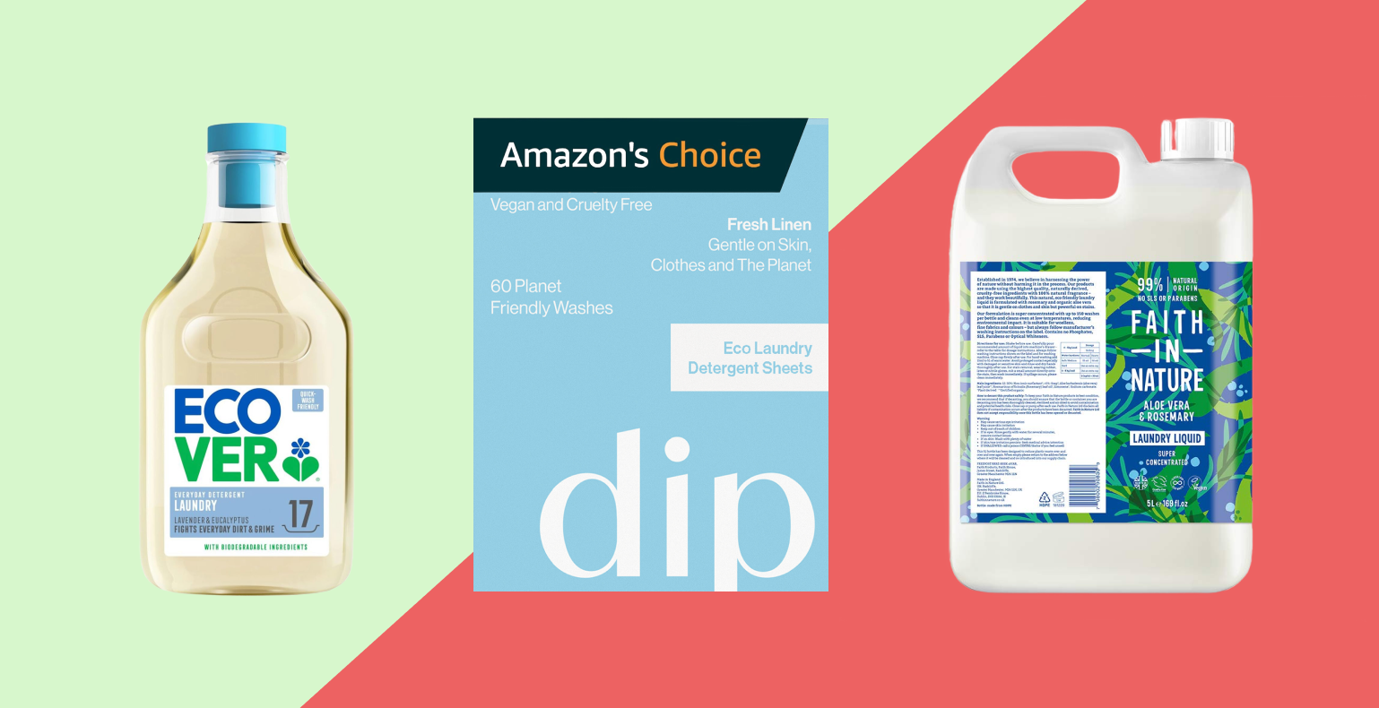Three eco-friendly laundry products on a split green and red background.
