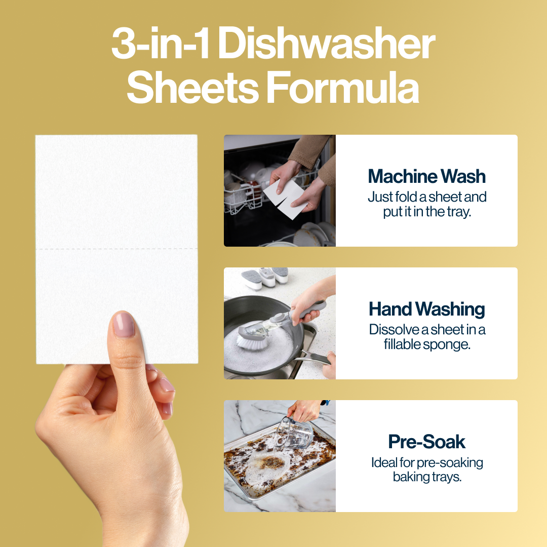Hand holding a dishwasher sheet with instructions for machine wash, hand washing, and pre-soak.