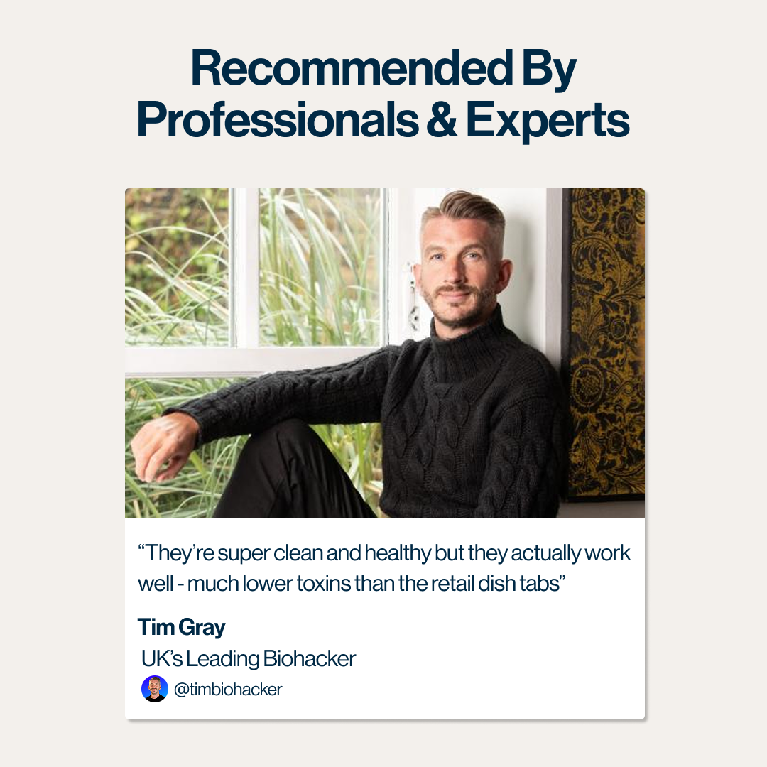 Man sitting indoors with a quote about clean and healthy products.