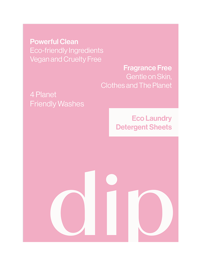 Pink packaging for eco-friendly, fragrance-free laundry detergent sheets.