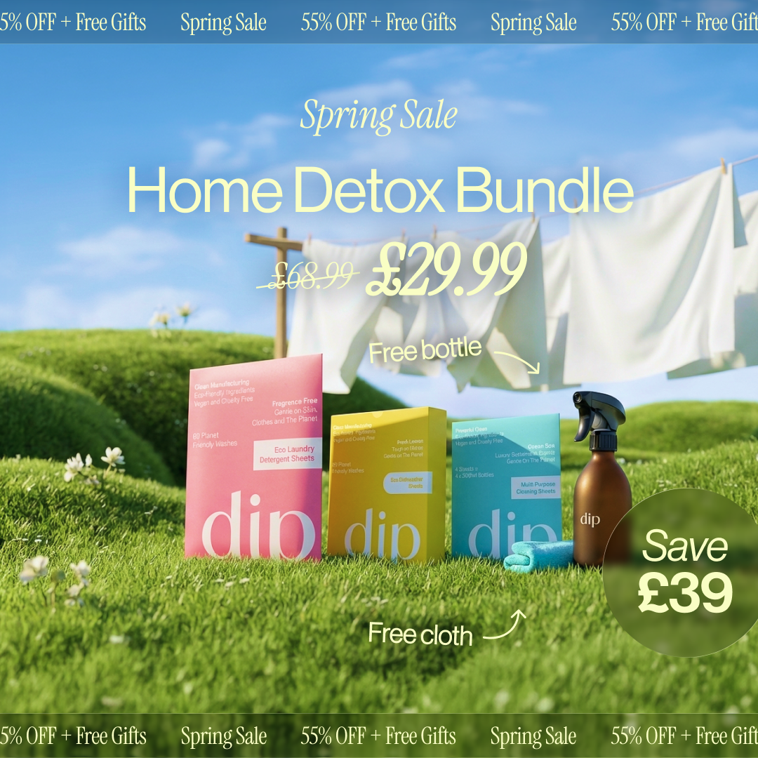 An advertisement for a 'Home Detox Bundle' shows three product boxes and a spray bottle on a lawn.