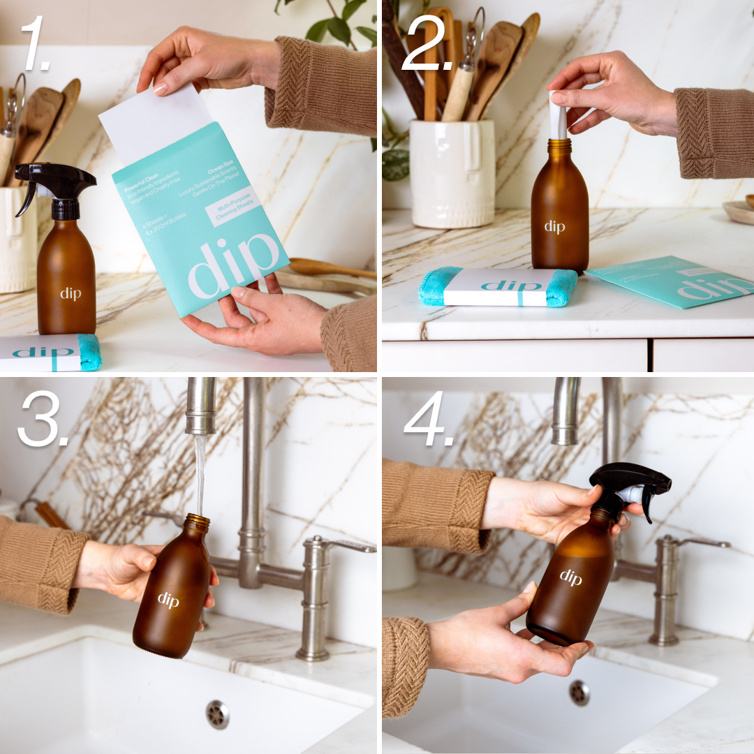 Four-step process of preparing a spray bottle with cleaning solution.