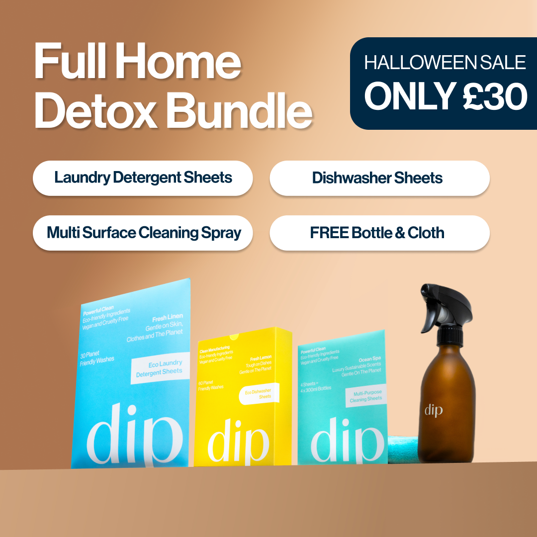 Cleaning product bundle advertisement with bottles and boxes, Halloween sale price £30.