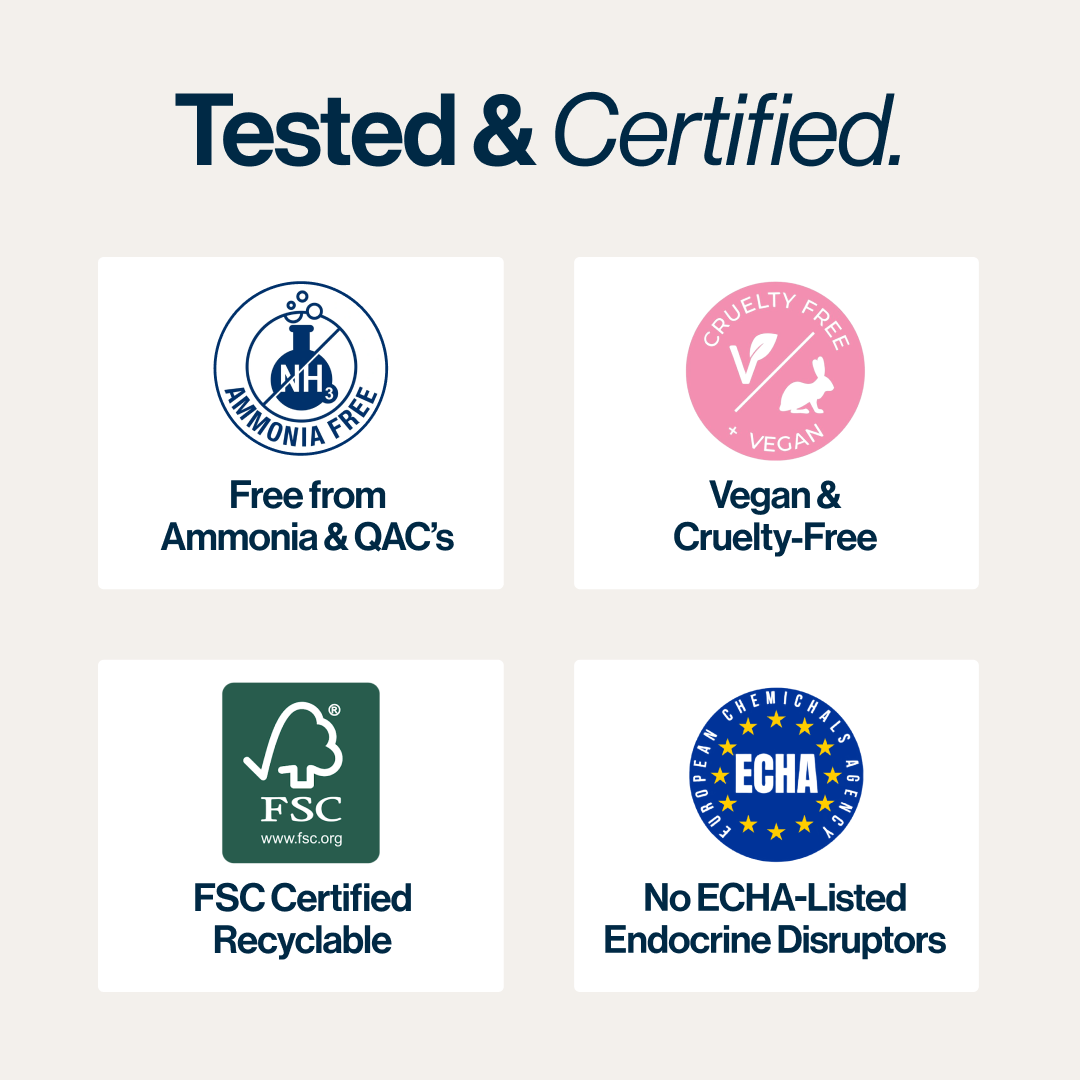 Four certification logos with text: ammonia-free, vegan, FSC certified, no endocrine disruptors.