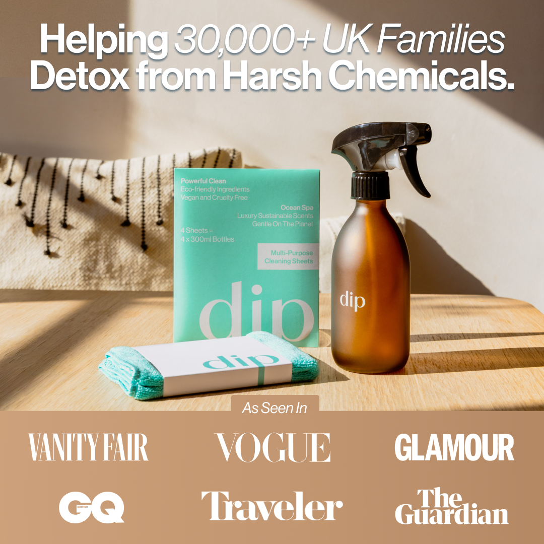 Cleaning products with 'dip' branding, text about detoxing from chemicals, and magazine logos.