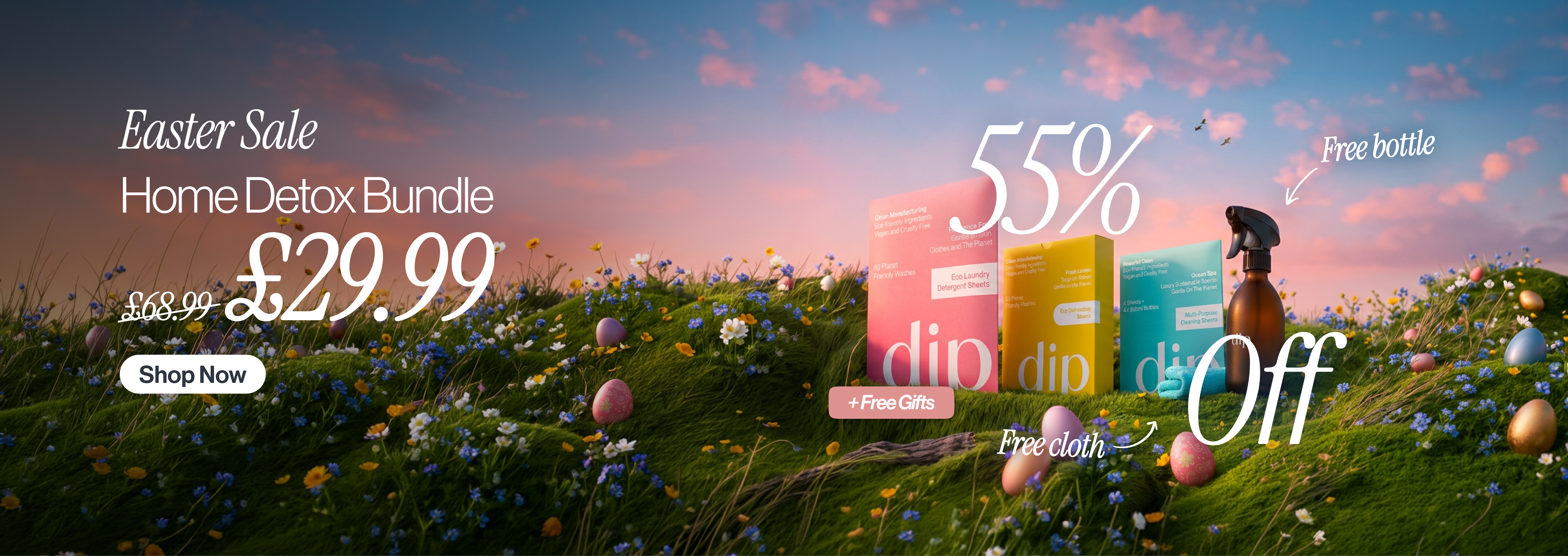 An Easter sale advertisement showing cleaning products on a grassy hill with flowers and Easter eggs.