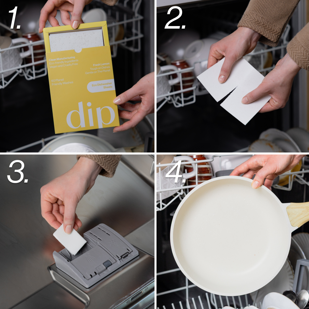 Four-step process of using eco-friendly dishwasher sheets.
