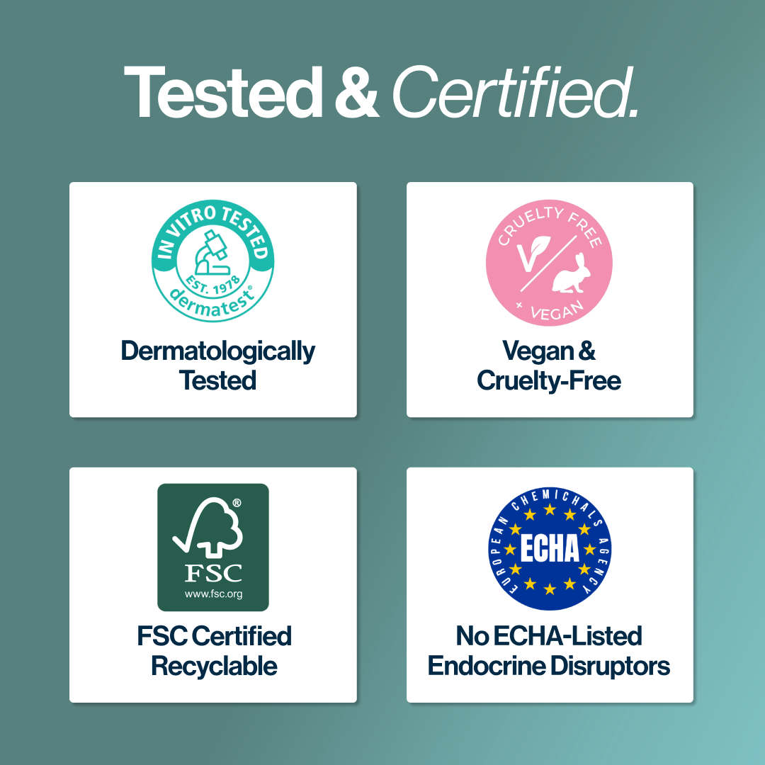 Four certification logos: dermatologically tested, vegan, FSC certified, no endocrine disruptors.