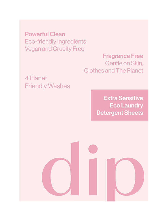 Pink packaging for eco-friendly, fragrance-free laundry detergent sheets by Dip.