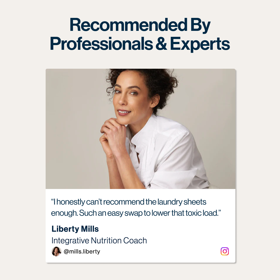 Woman in white shirt with testimonial about laundry sheets.