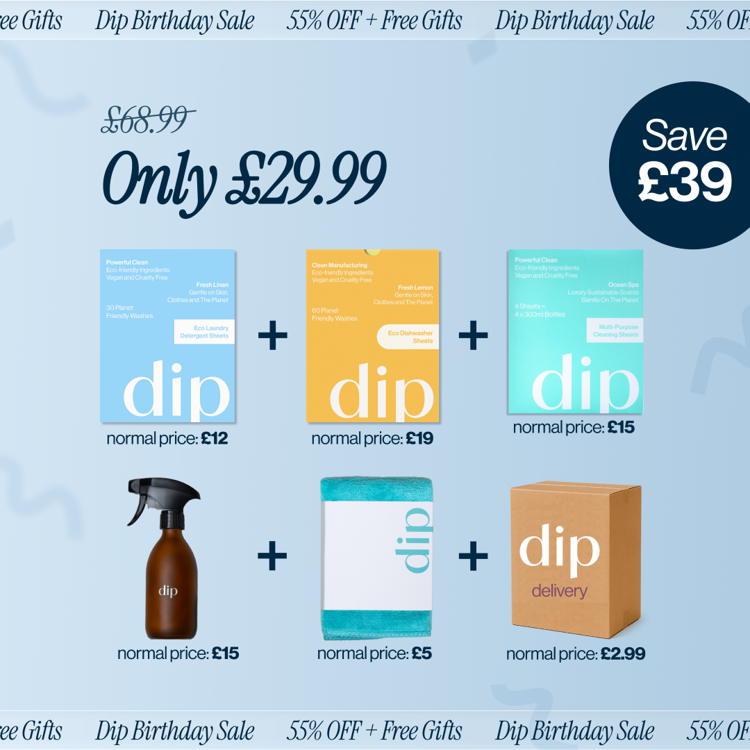 An advertisement for a Dip cleaning product bundle, showing the individual items and a total sale price of £29.99.