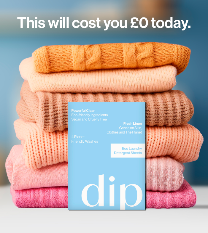 Stack of folded sweaters with eco-friendly detergent box, promotional text above.