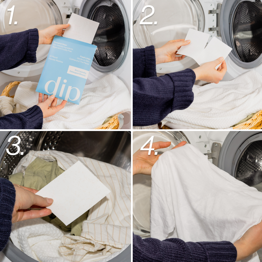 Four-step process of using laundry detergent sheets in a washing machine.