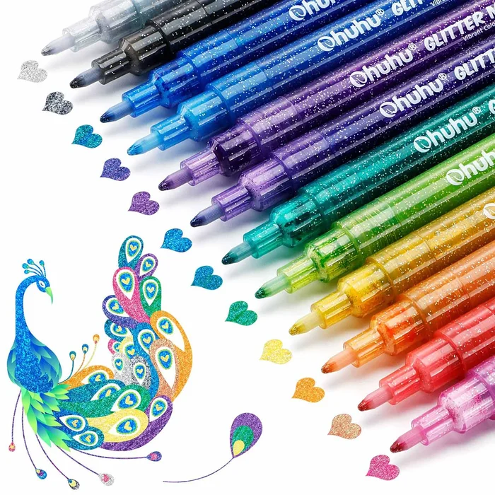 Colorful glitter pens arranged with a drawing of a vibrant peacock.