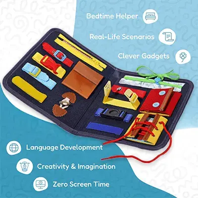 Colorful busy book with various interactive elements for children, promoting language and creativity.