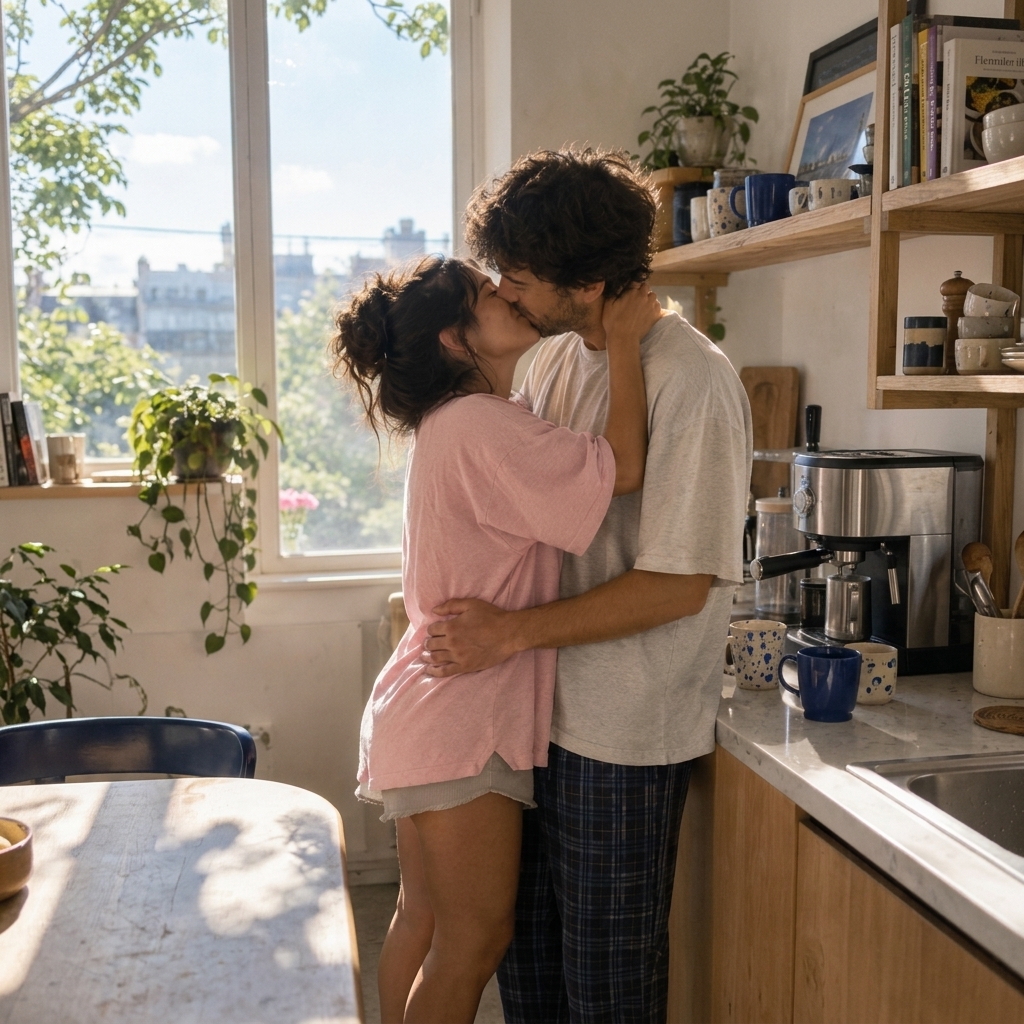 A couple sharing a kiss in the kitchen before breakfast