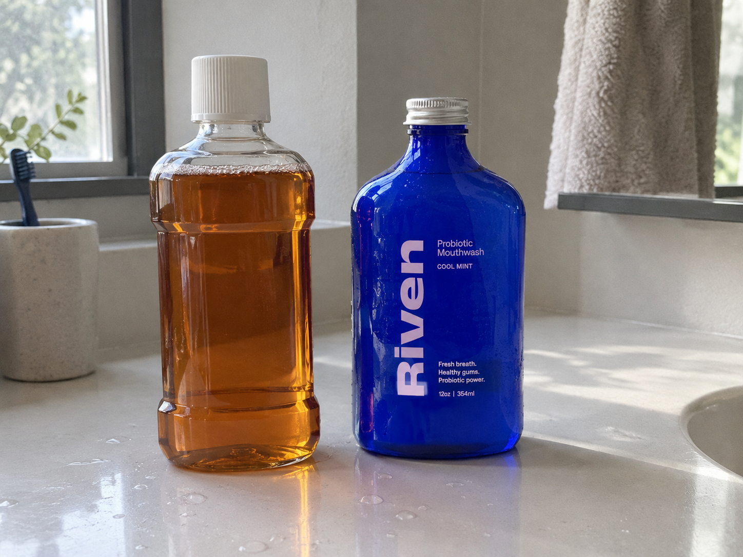 Riven next to a typical alcohol mouthwash