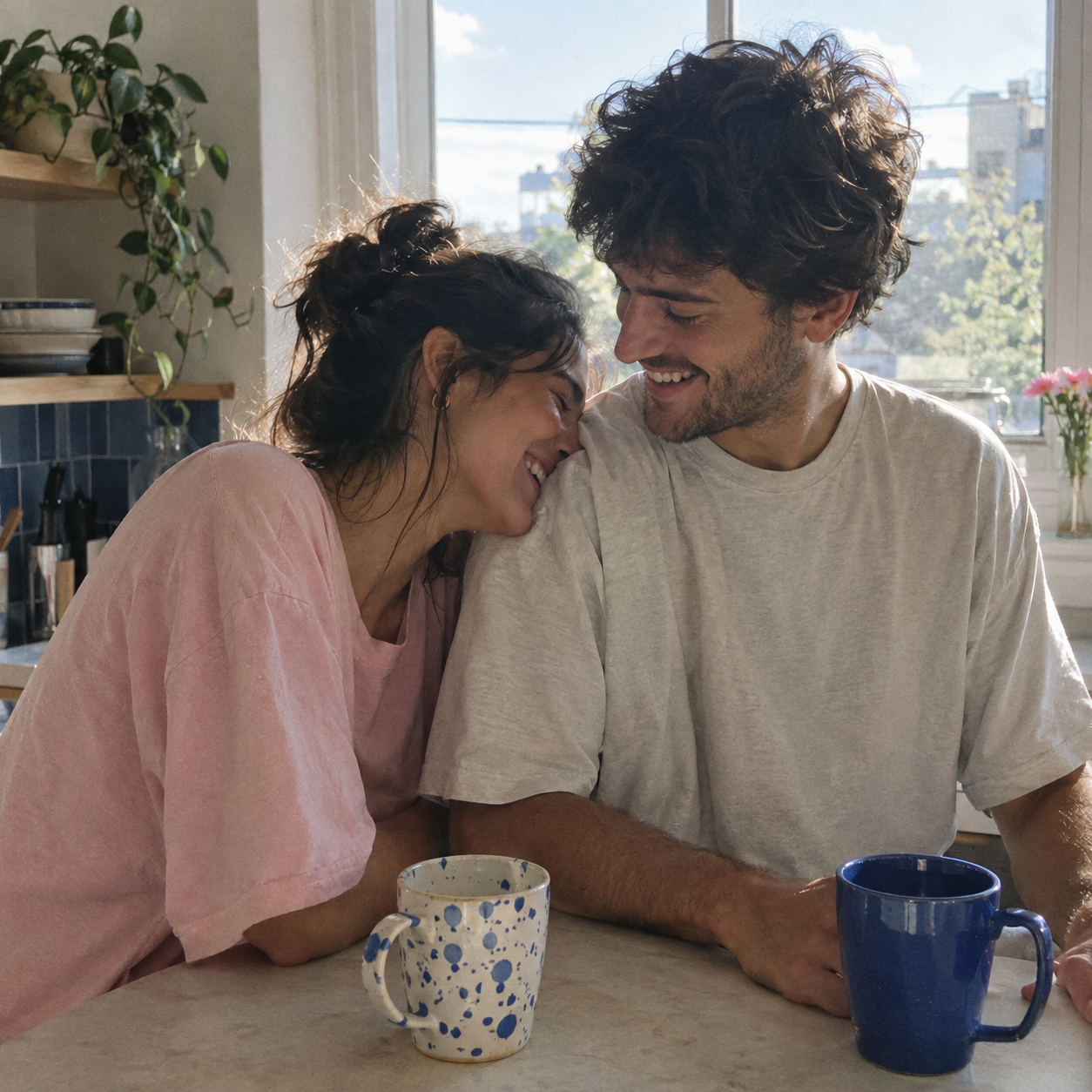 A couple laughing together in their kitchen in the morning