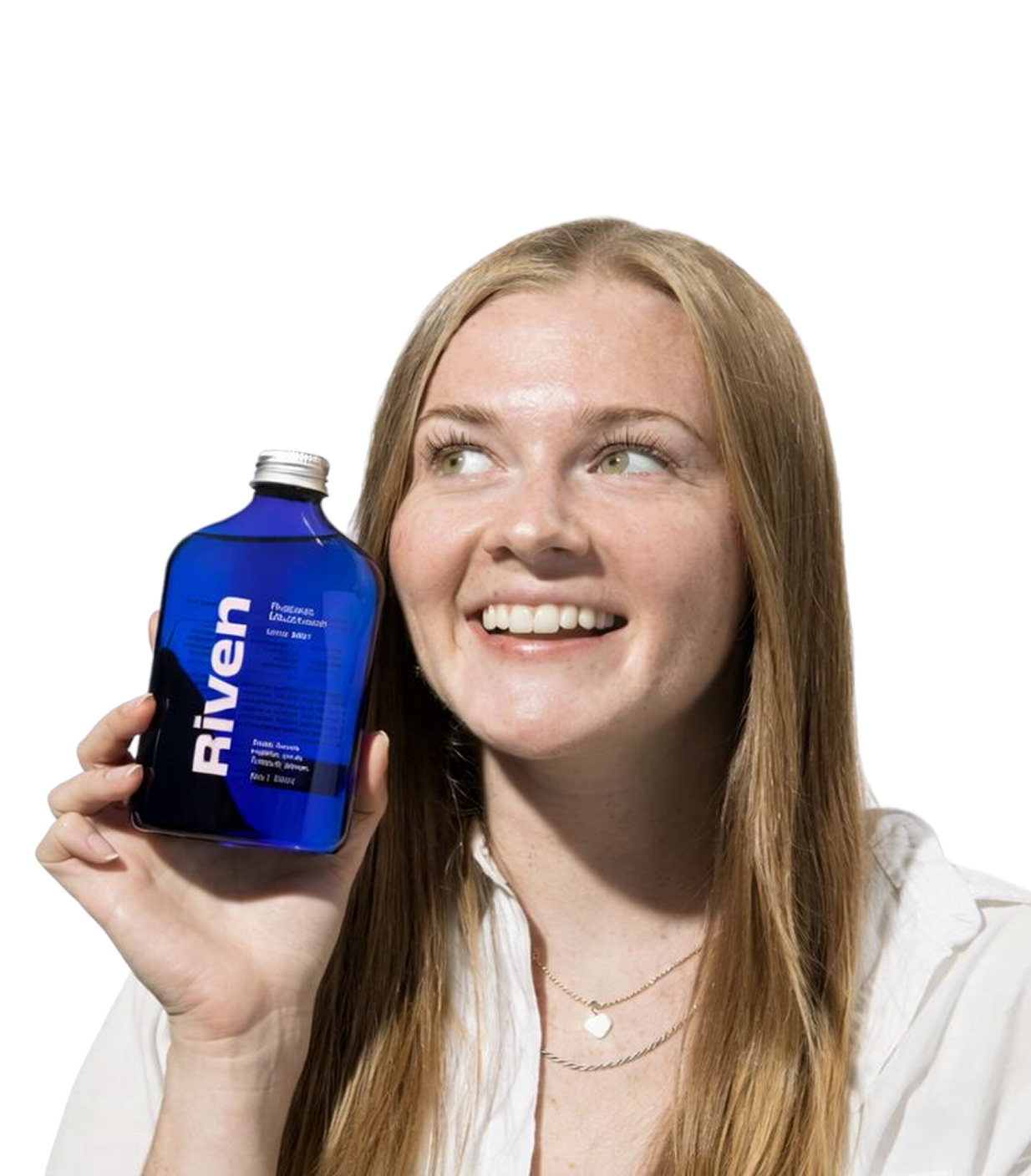 A smiling Riven customer holding a bottle of Riven probiotic mouthwash
