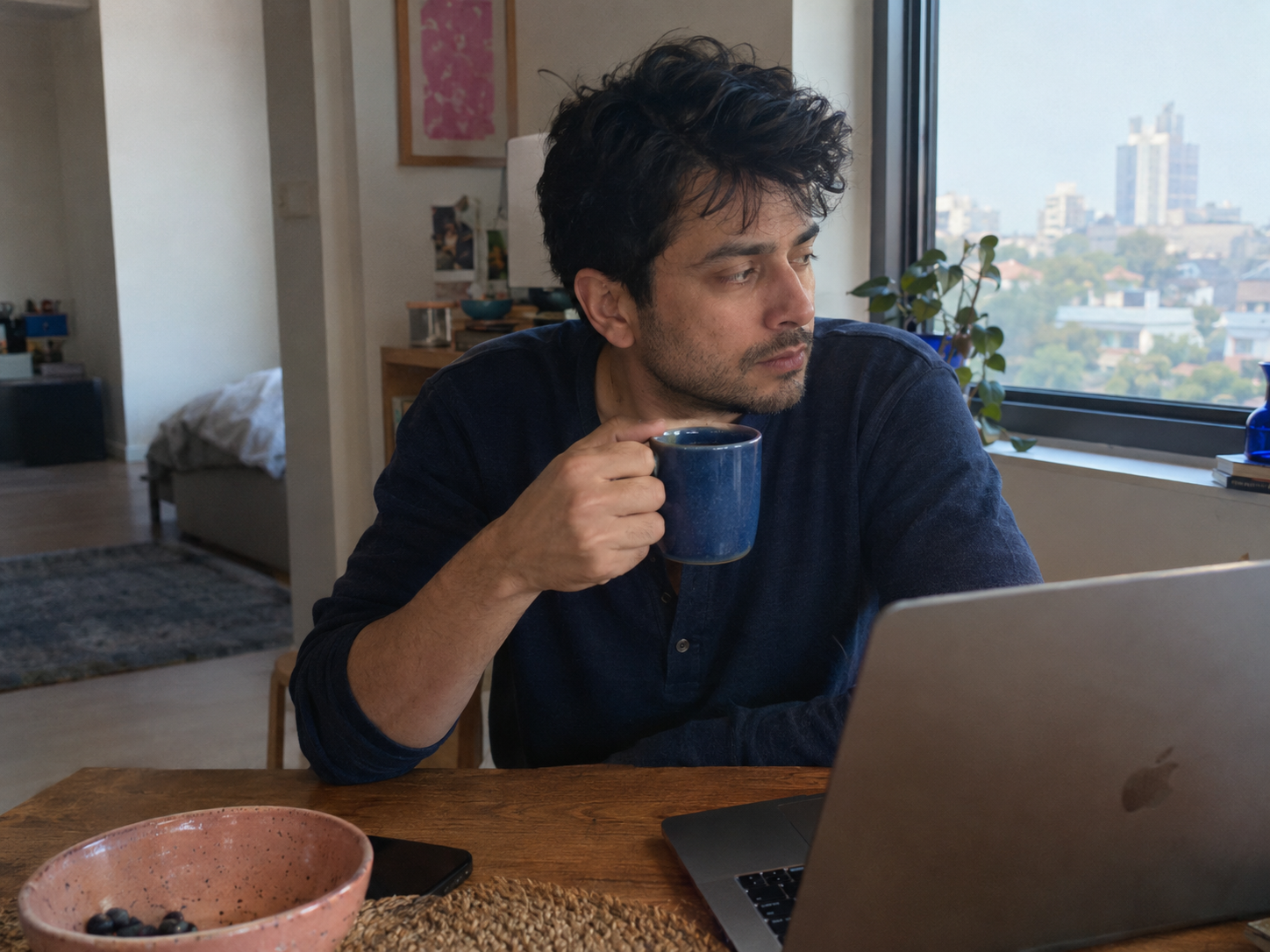 A man in his 30s with his morning coffee