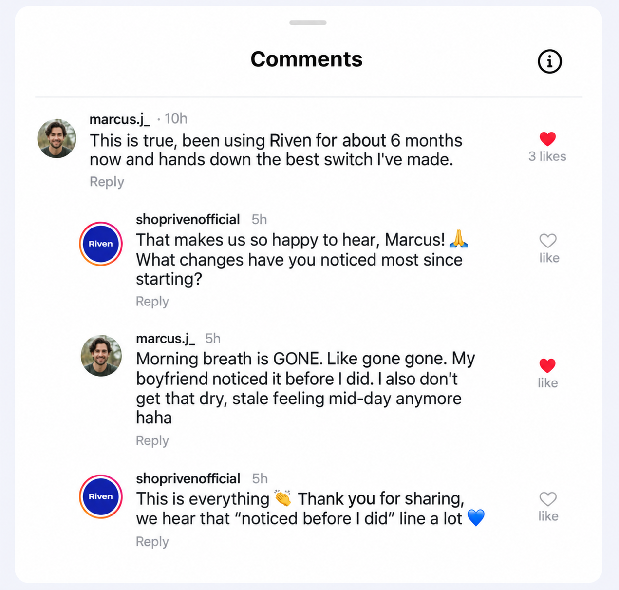 Instagram comments from a Riven customer about his morning breath