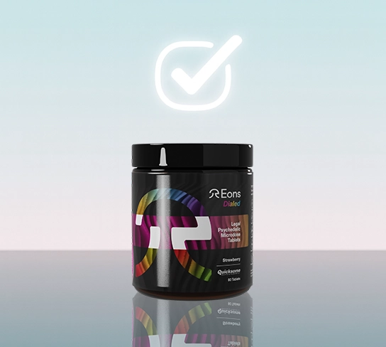 Black jar with colorful label, checkmark in background.