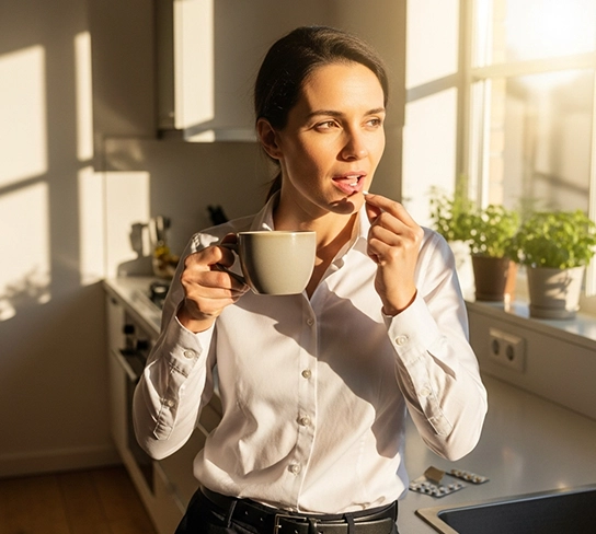 Person in a kitchen, holding a mug, with sunlight streaming through the window.