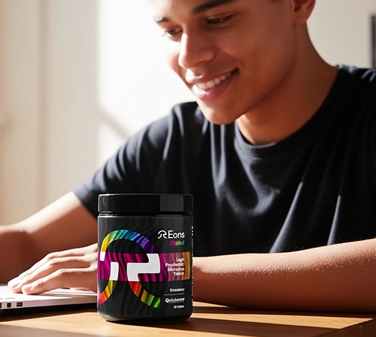Smiling person sitting at desk with colorful jar on the table.