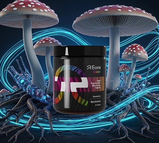 Jar labeled 'Eons Dialed' amidst glowing mushrooms with swirling blue light.