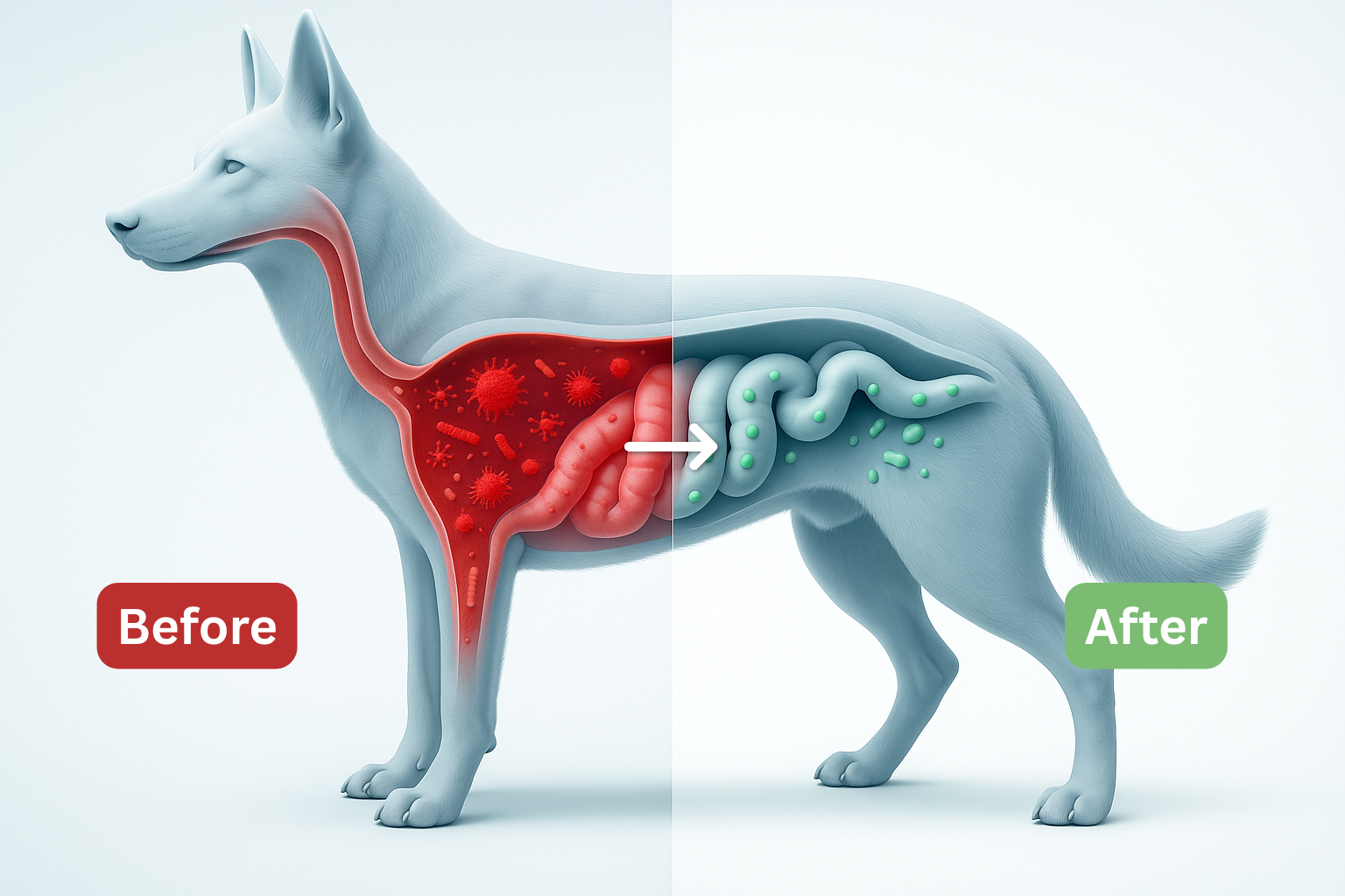 Illustration of a dog's digestive system before and after; red and green sections labeled.
