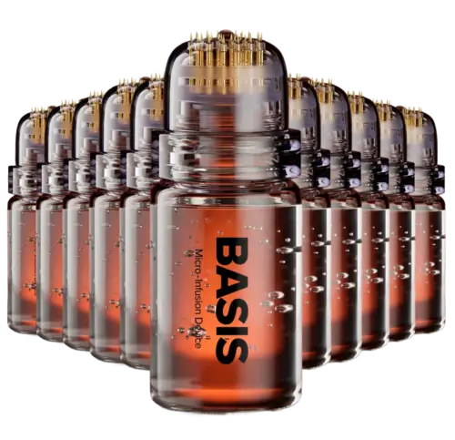 A large group of BASIS Micro-Infusion Device bottles, each filled with an amber-colored liquid.