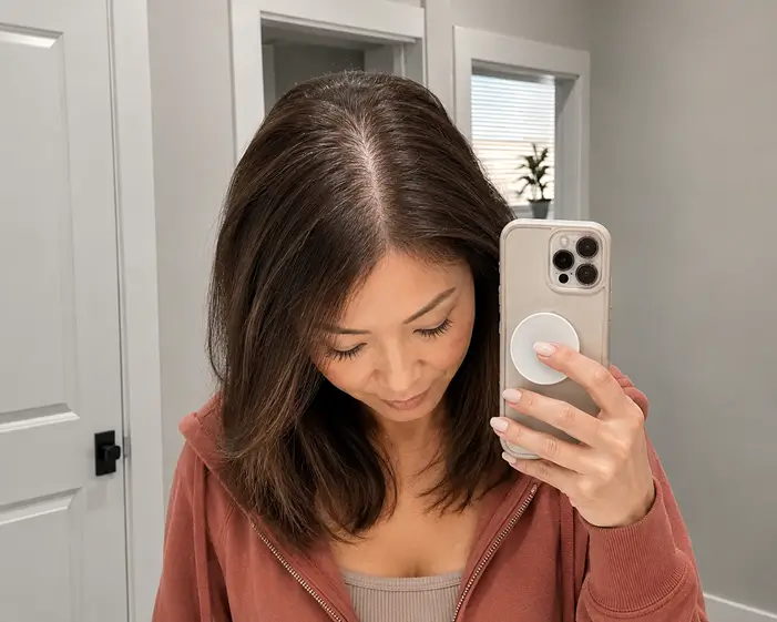 Woman showing her center hair part in a mirror selfie.