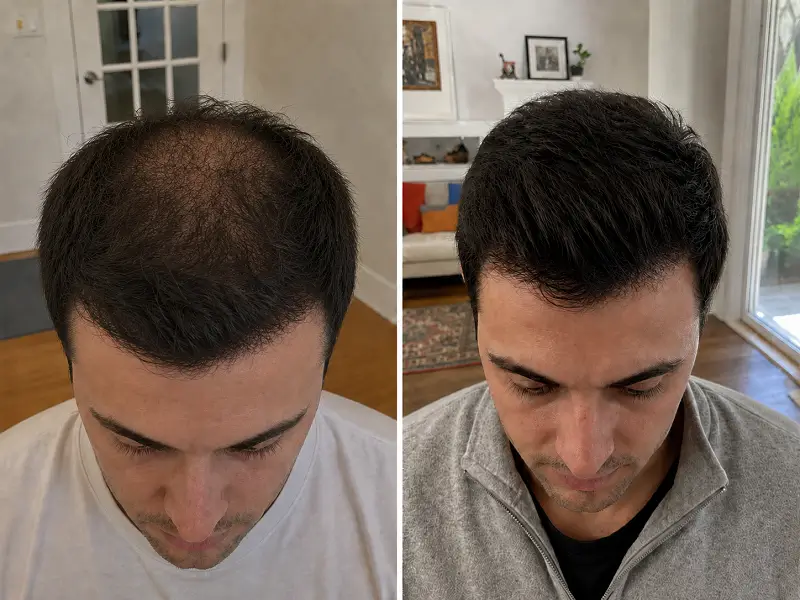 Side-by-side top views showing improved visible hair coverage.