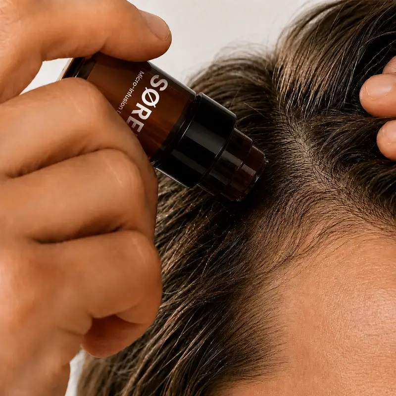 Person applying the SØREN micro-infusion device along the hairline.