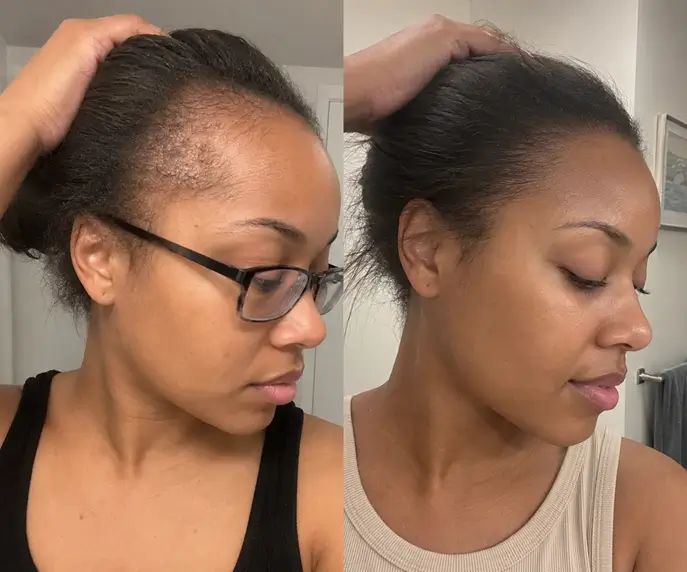 Before-and-after comparison showing fuller-looking hair at the temple.