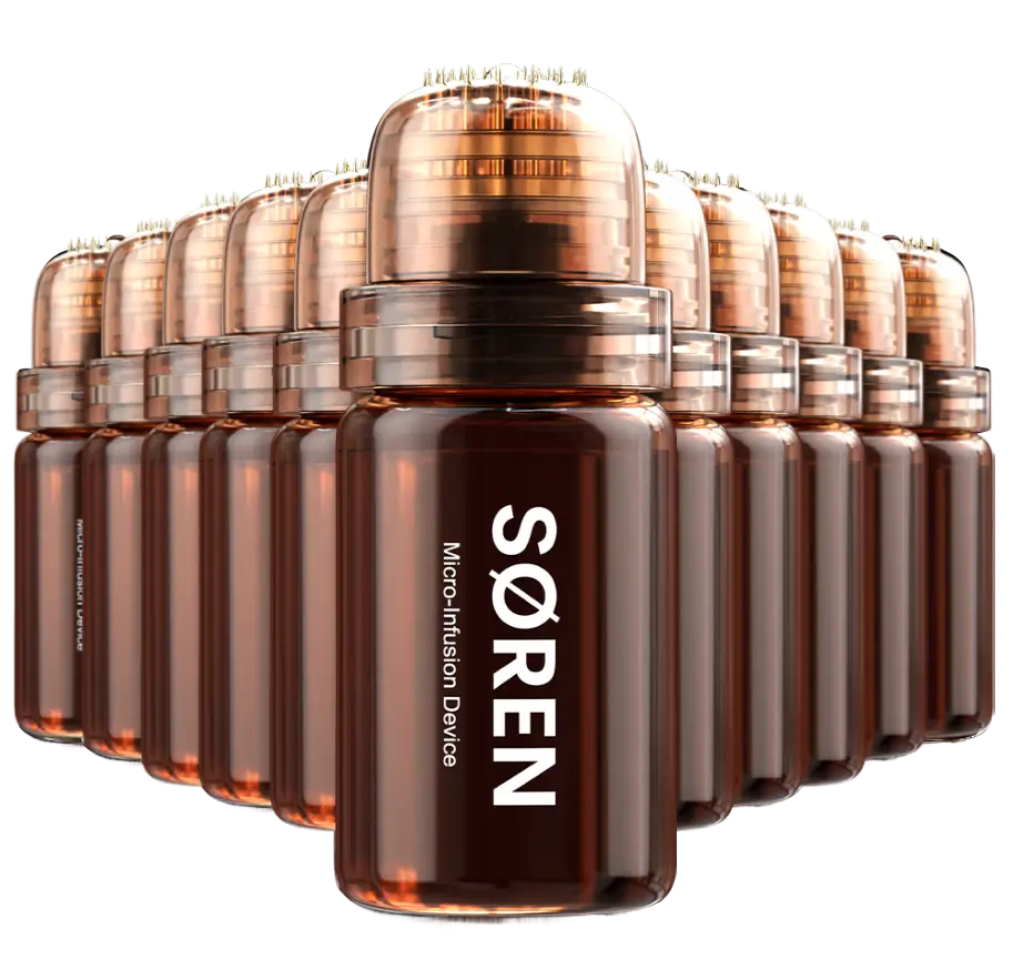 A group of SØREN Micro-Infusion Device bottles arranged in a V-shape against a white background.