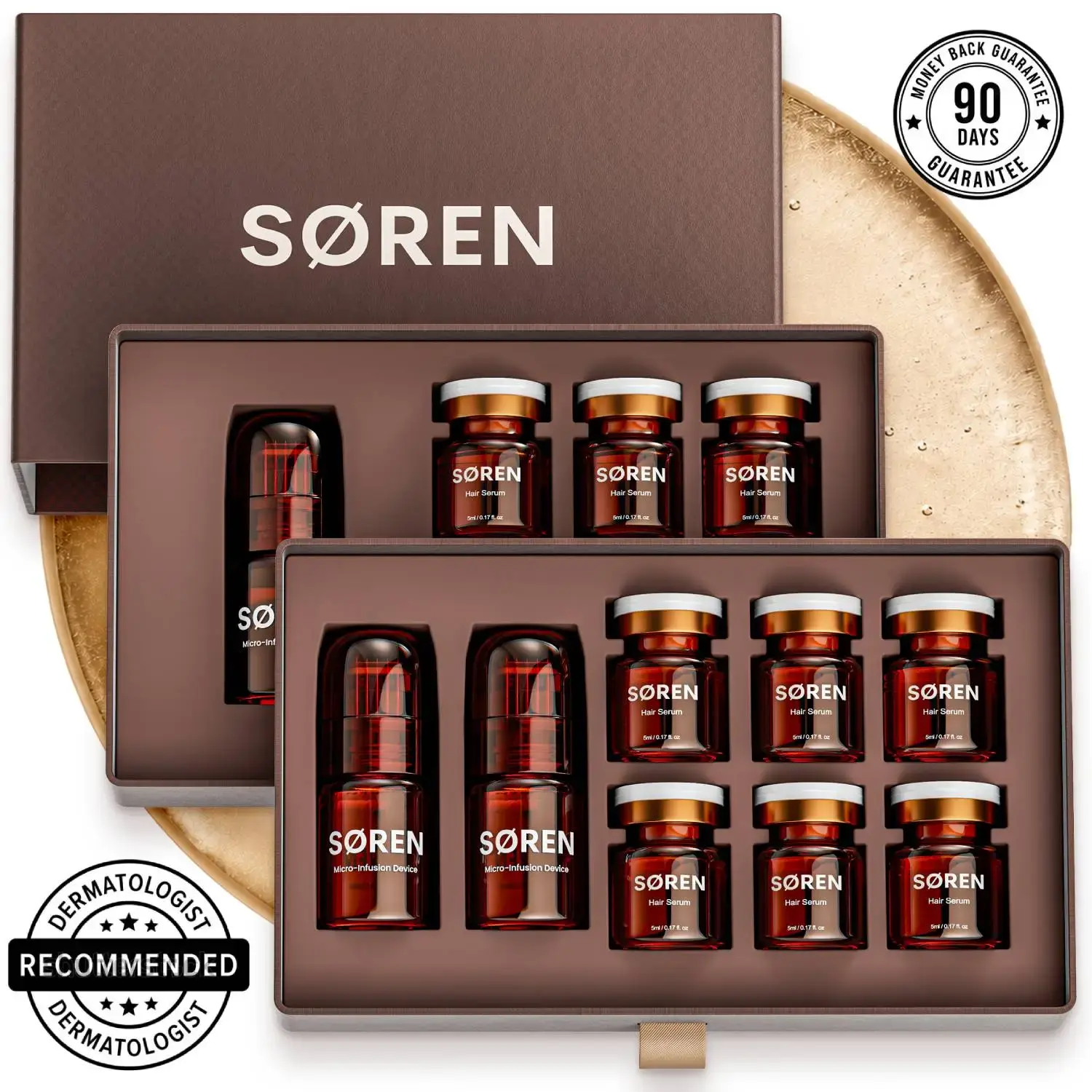 SØREN hair renewal kit with micro-infusion devices and serum vials.