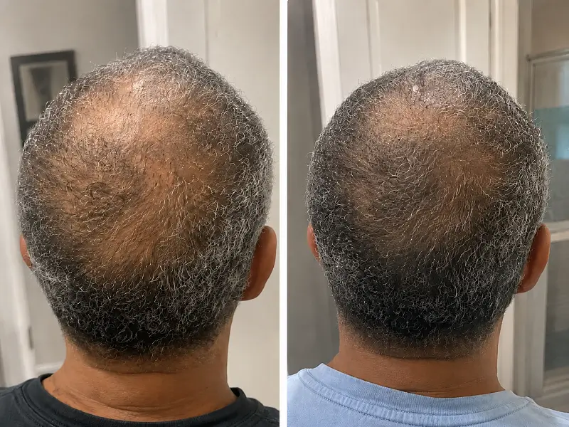Before-and-after comparison showing improved hair coverage at the crown.