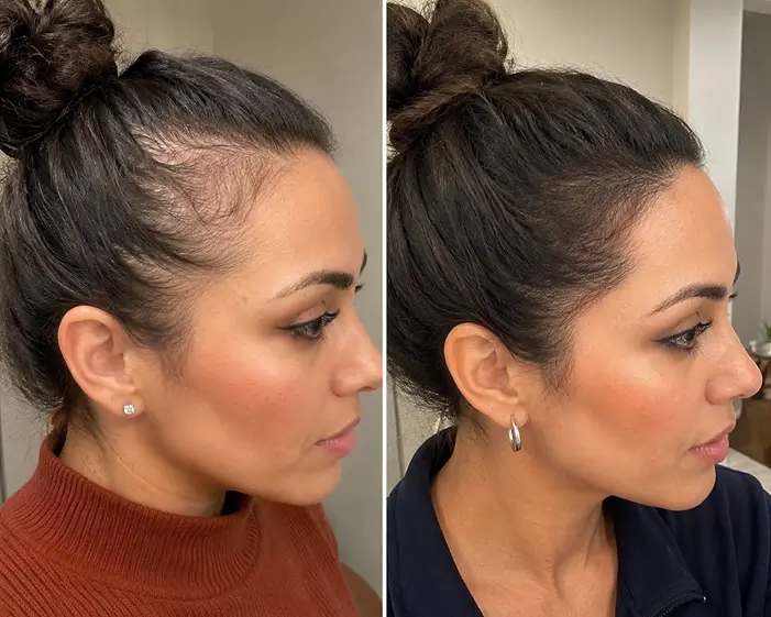 Before-and-after comparison showing fuller-looking hair at the temple.