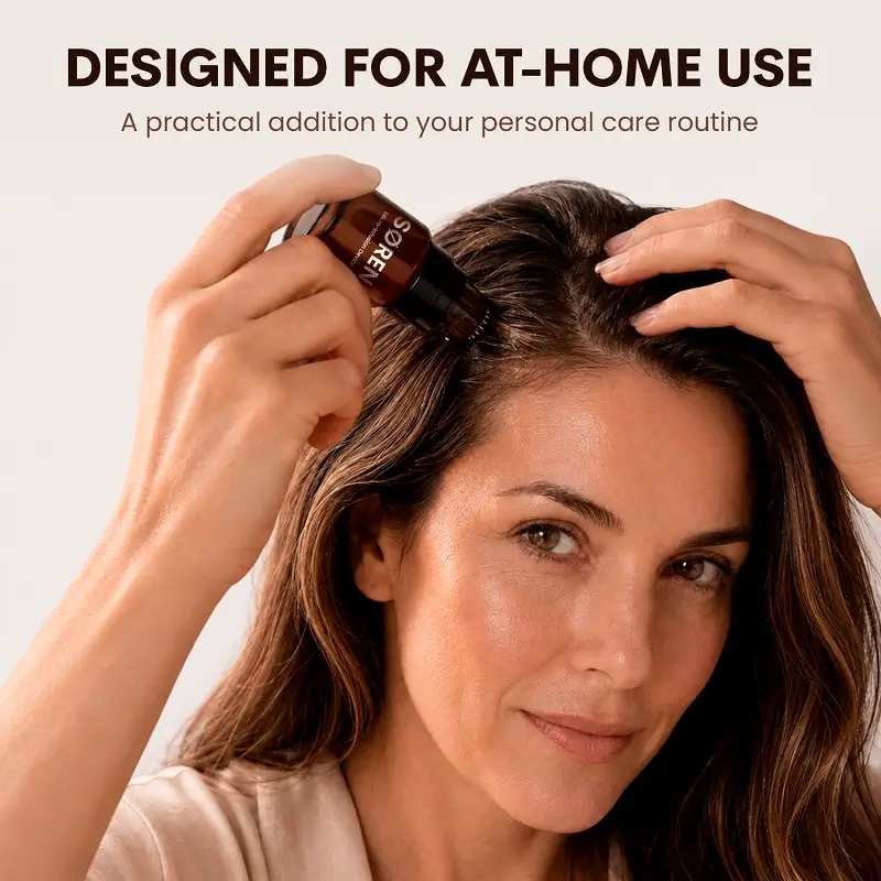 Woman applying the SØREN micro-infusion device to her scalp at home.