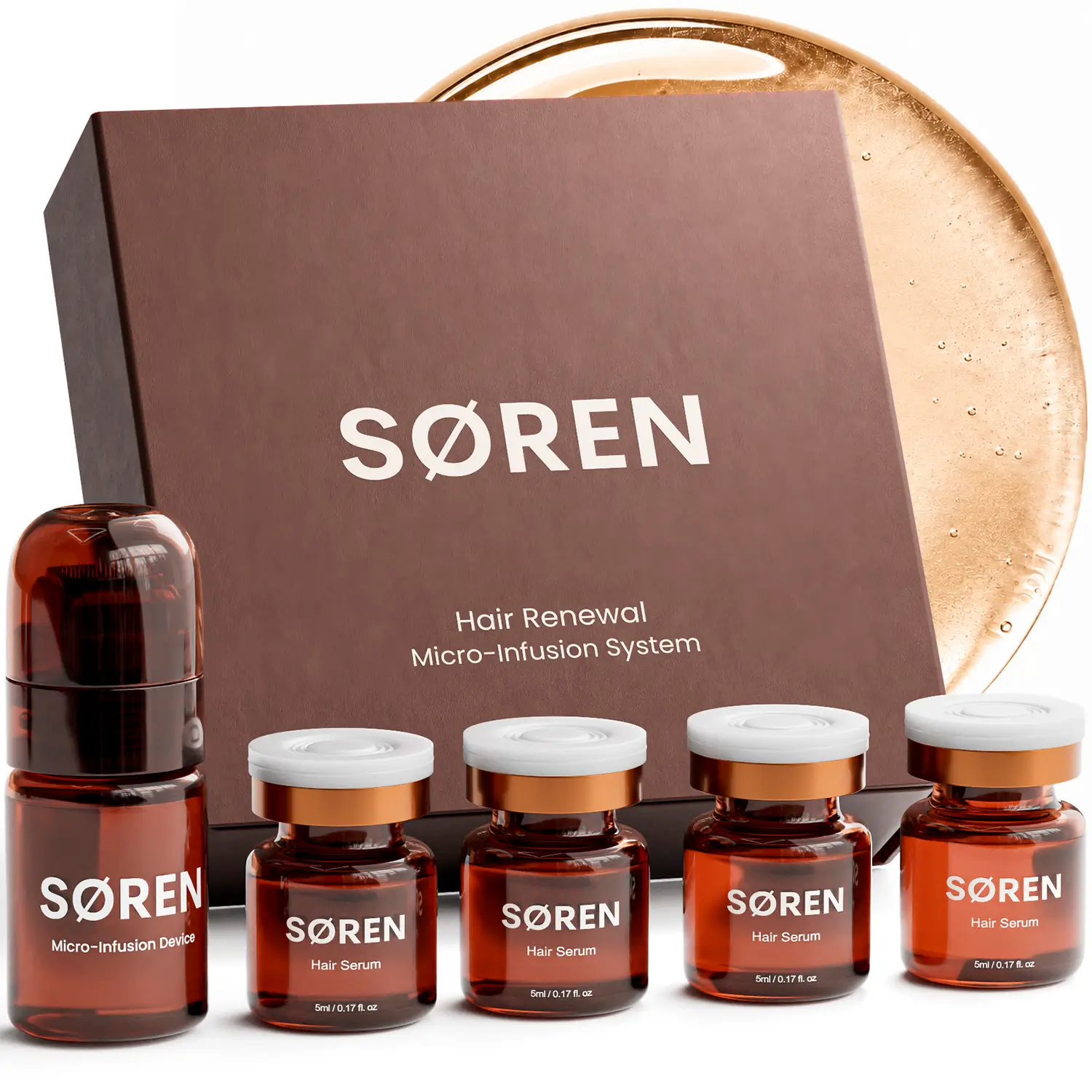 SØREN 1-month supply with one micro-infusion device and four serum vials.