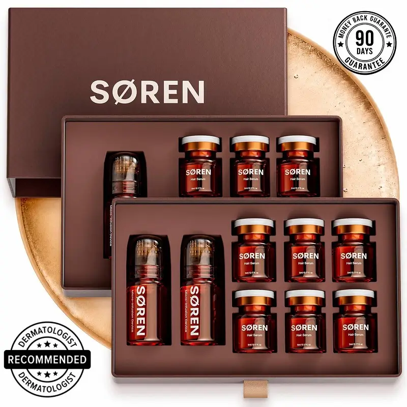 An open box displays SØREN brand hair serum vials and micro-infusion devices on a gold tray.