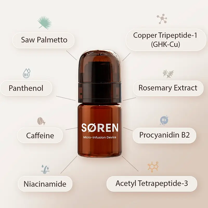 SØREN micro-infusion device with highlighted botanical and peptide ingredients.
