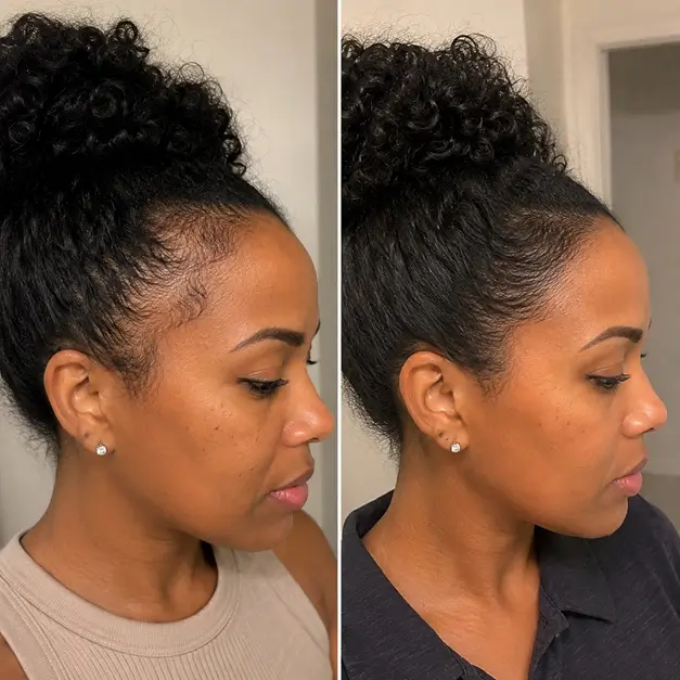 Before-and-after comparison showing fuller-looking hair near the hairline.