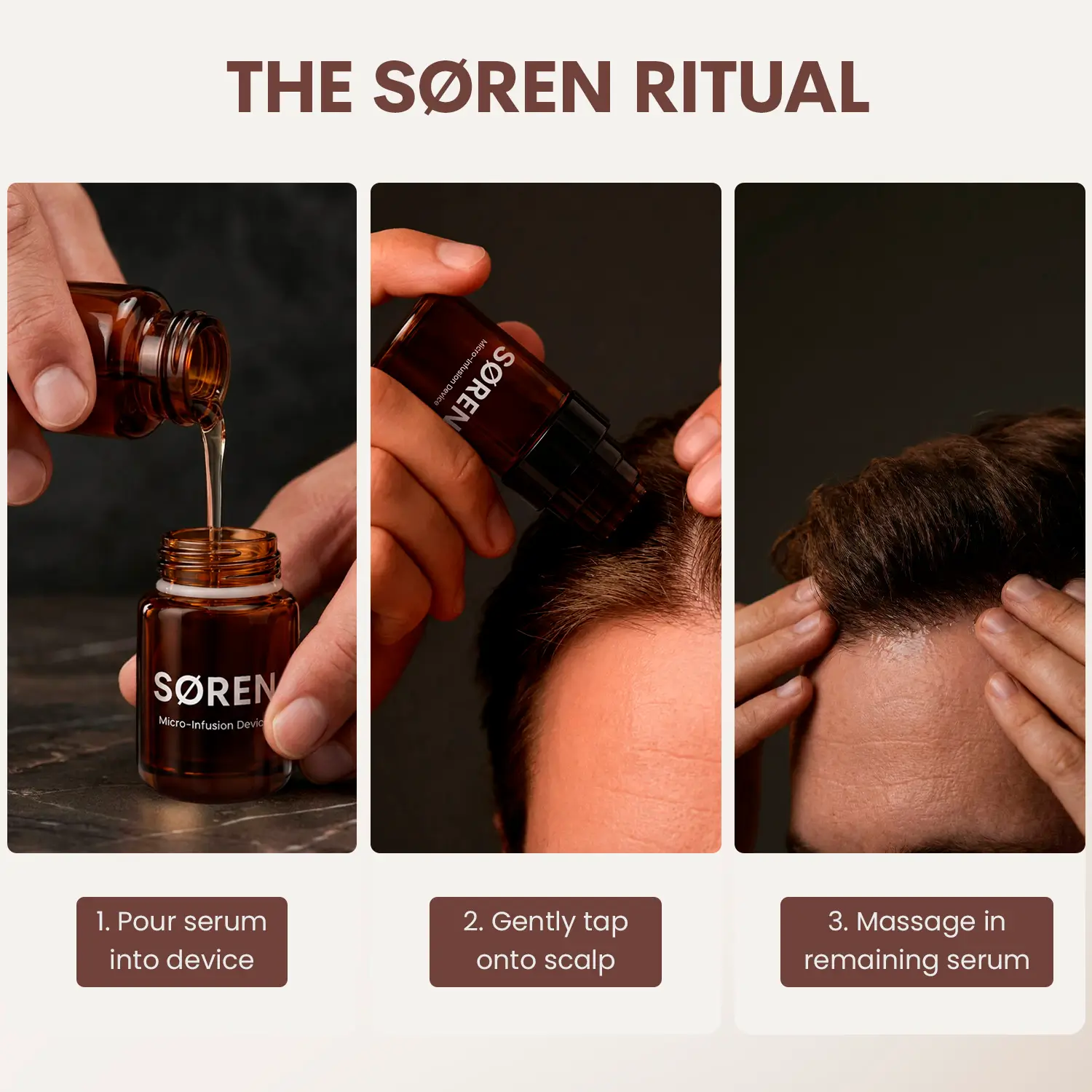 Three-step SØREN routine: fill the device, tap it onto the scalp, and tap in the remaining serum.