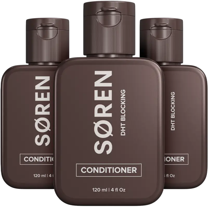 Three brown bottles of SØREN DHT Blocking Conditioner against a plain white background.