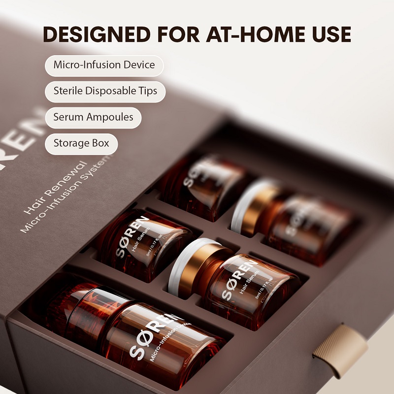 Open SØREN kit with a micro-infusion device, serum vials, disposable tips, and storage box.