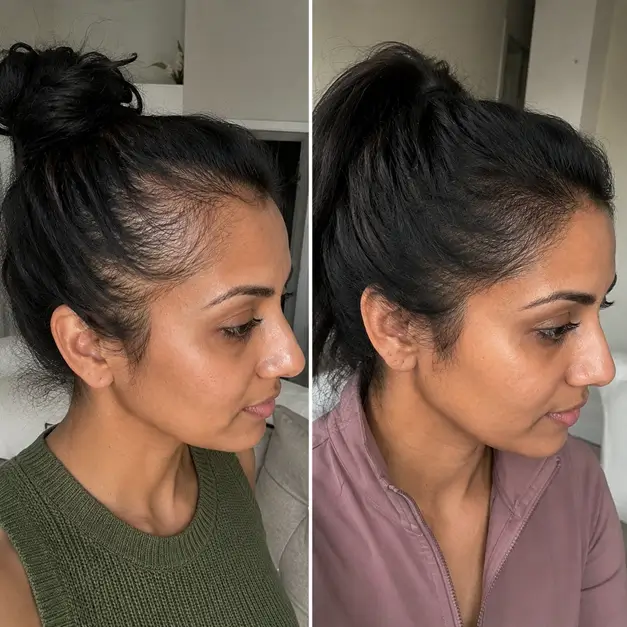 Before-and-after comparison showing improved hair coverage near the temple.