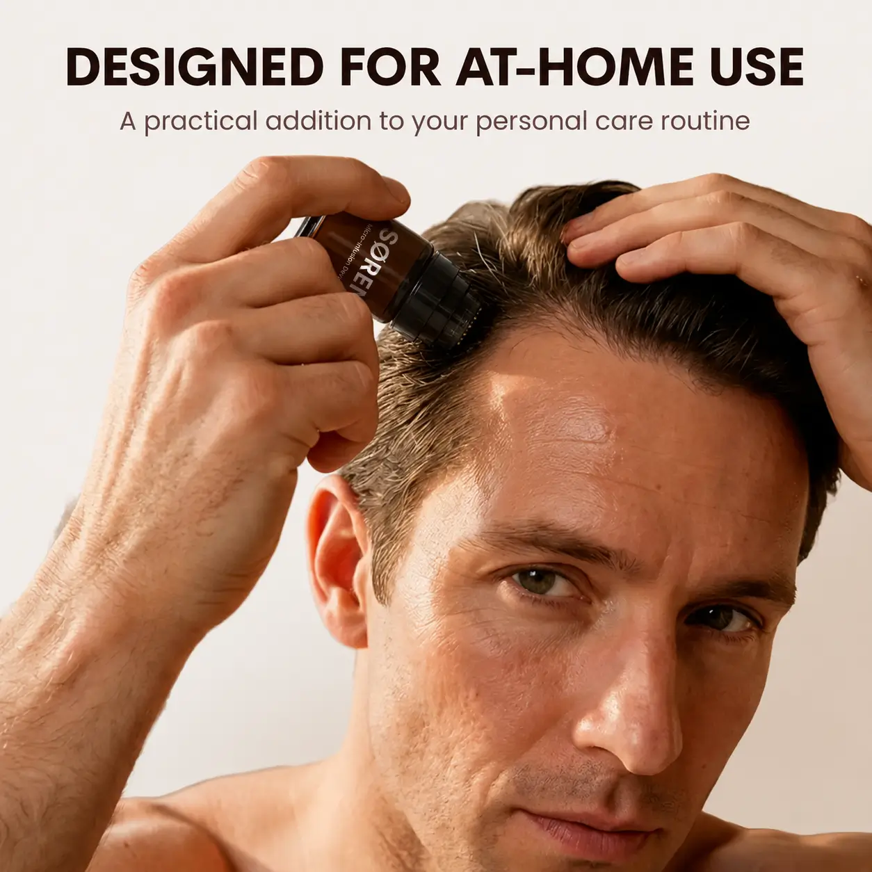 Man applying the SØREN micro-infusion device to his scalp at home.