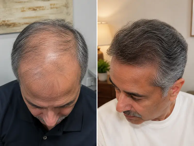 side-by-side comparison man's hair, showing thinning hair on left and fuller on the right.